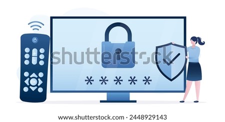 Parental control. Mother holds protective shield. Modern monitor or tv set with padlock and password. Remote control near display. Age restriction. Media content only for adults. Vector illustration