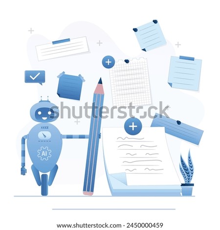 Automatically add notes. Robot uses pencil and paper stickers, memo. Chat bot application writing new notes. Mobile app with memory notepaper. Online technology. flat vector illustration