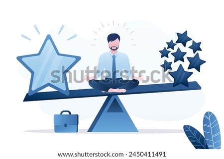 Businessman sitting on seesaw between high quality stars and ordinary stars. Good reputation. Quality vs quantity, management to excellent work outcome, working attitude to deliver superior result.