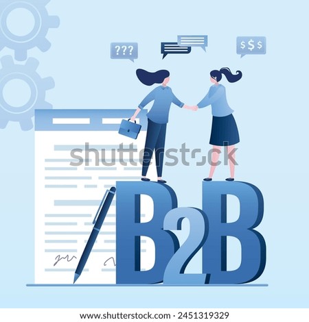 Businesswomen handshake, successful negotiations and agreement. b2b, business to business, concept. New startup, paper contract with signatures. Business women talking, profitable deal. Flat Vector