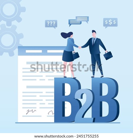 Businesspeople handshake, successful negotiations and agreement. b2b, business to business, concept. New startup, paper contract with signatures. Business characters talking, succesful deal. Vector