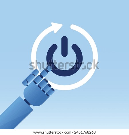 Robot hand push big power button. Reboot operating system. Automatically turn on or turn off. Restart of electronics or computer. Chat bot or AI reboot. flat vector illustration