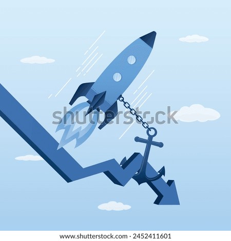 Rocket taking off is chained to anchor holding onto falling chart. Economic crisis prevents successful launch of business project. Failed startup. No profit, business failure. Flat vector illustration