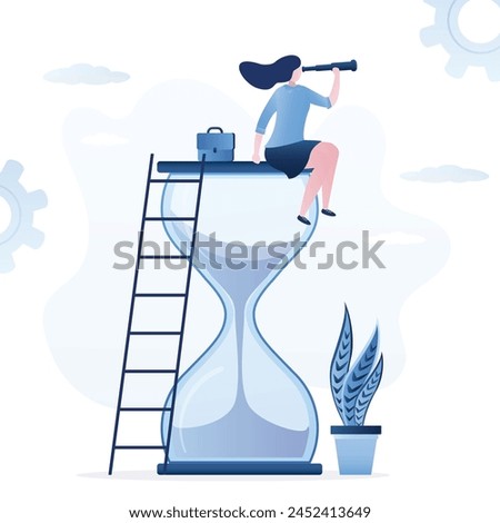 Businesswoman with briefcase looking in spyglass for opportunities. Entrepreneur sitting on hourglass and look up to target. Success, achievement, business vision career goal. Flat vector illustration