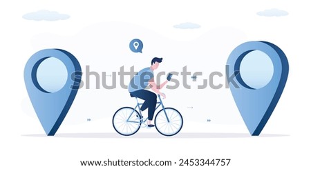 Man riding bicycle and uses smartphone for navigation. Cyclist in navigation app search right location. Tracking mobile application concept. Giant location pins and male character. Vector illustration