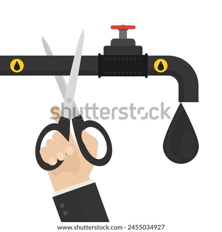 The hand of diplomat or politician cuts off oil pipeline with big scissors. Ban on import oil, gas. Embargo, sanctions. Trade, economic wars. Geopolitics, war crisis. Flat Vector illustration