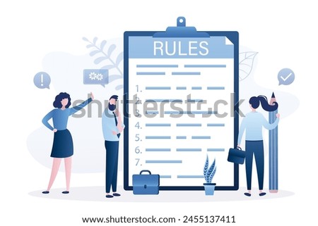 Rules and regulations document. Staff read policy and guideline for employee to follow. Legal term, corporate compliance or laws, standard procedure. Approving and disagreement with new rules. Vector