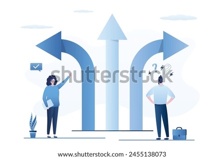 Business people with solving and decisions. Choice right way concept. Employees before choice. Workers and arrows point in different directions. Сareer path. Entrepreneurs or co-founders thinking.