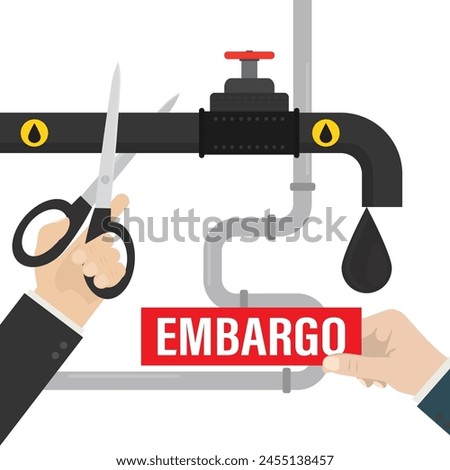 The hand of diplomat or politician cuts off oil pipeline with big scissors. Ban on import oil, gas. Embargo, sanctions. Trade, economic wars. Geopolitics, war crisis. Flat Vector illustration
