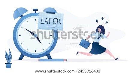 Businesswoman run away from giant clock. Word LATER on paper note attached to alarm watch. Later, postponing work or delaying deadline, meeting schedule reminders. Time management. vector illustration