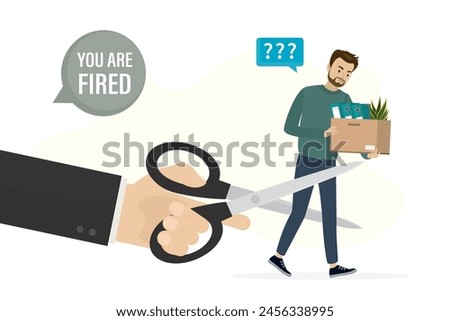 Staff reduction, business concept. Boss's big hand using scissors and cutting worker man. Dismissal, unemployment during the economic crisis. Dismissed male employee. Flat vector illustration