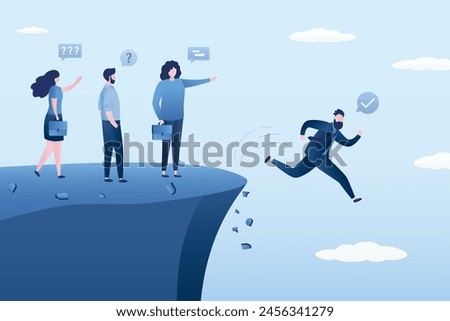 Wrong decision making, concept. Stupid or crazy boss manager pointing order employees to jump off cliff. Incompetent leader. Mistake lead company and employees to sabotage, problems with management.