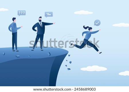 Wrong decision making, concept. Stupid or crazy boss manager pointing order employees to jump off cliff. Incompetent leader. Mistake lead company and employees to sabotage, problems with management.