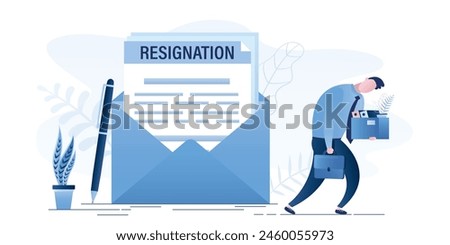 Male employee sending a resignation letter to the chief. Change of job, unemployment, resign concept. Giant envelope with document about dismissal. Worker man leave workplace. flat vector illustration