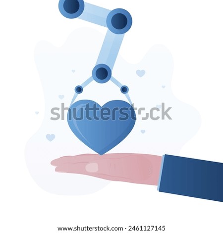 Robot arm putting heart in human hand. Artificial intelligence machine. Chat bot modern technology. Robot and people community. Love and art. Support palm, generosity. flat style vector illustration