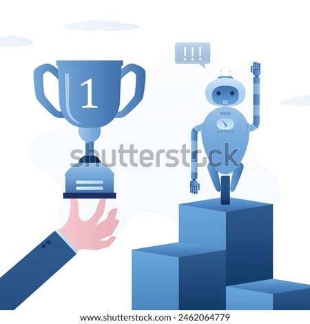 Award ceremony. Robot, winner stands on podium. Big hand gives winner cup to first-place. Artificial intelligence is superior to humans. Reward for best cyborg. Prize after competition. Flat vector