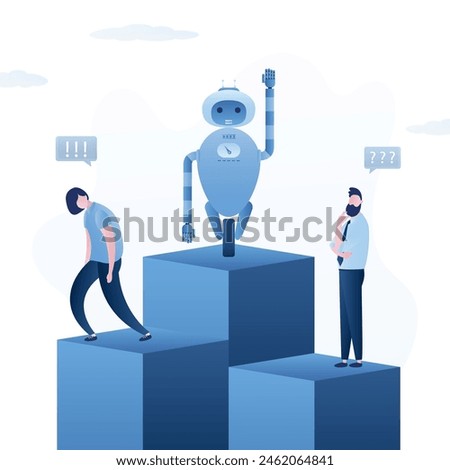 Award ceremony. Winner robot stands on podium. Artificial intelligence is superior to business people. Award for best cyborg. Competition between ai and people. Flat vector illustration