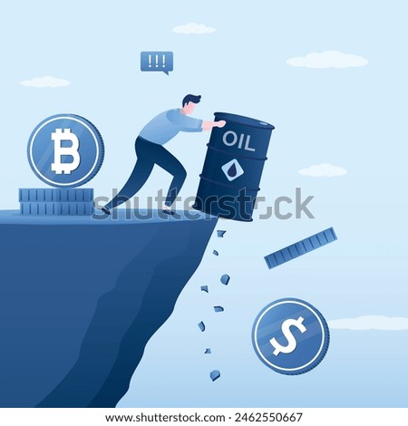 Smart businessman pushes dollar coins and oil barrel off cliff into abyss. Bitcoin as a new defensive asset, cryptocurrency for speculation and trading. Blockchain technology. flat vector illustration