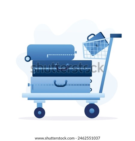 Airport trolley with suitcases and bag. Baggage on airport cart. Luggage trolley isolated on white background. Design in trendy blue colors. Flat vector illustration