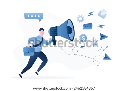 Public relations and affairs. Pr manager communicate. PR agency. Public speaker uses megaphone. Online announcement. Businessman holds loudspeaker and running. Male character in trendy style. Vector