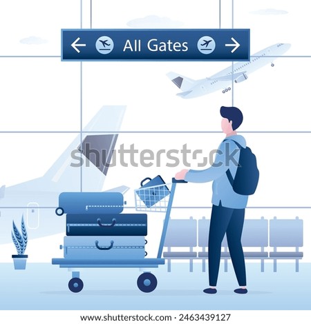 Tourist holding luggage trolley. Passenger man and airport interior, trolley with suitcases. Various baggage on airport cart. Male character with luggage before flight. Airplane takeoff. Flat vector