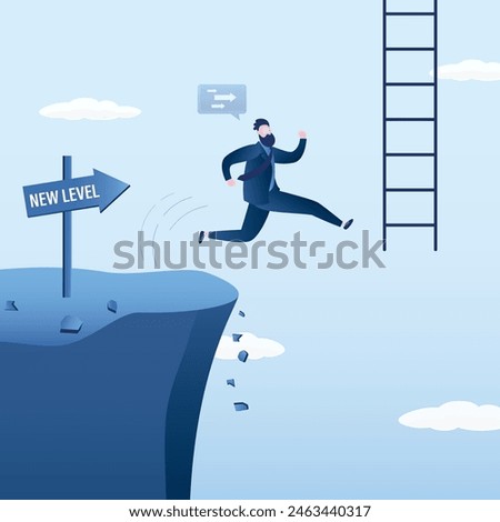 Businessman jumps off cliff and tries to grab onto ladder to sky. Overcoming obstacles, moving to new level. Skills improvement. Business development. New job or business. Flat vector illustration