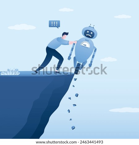 Businessman push robot to throw it down off cliff. Fear of competition or losing to robot and new technologies. Misunderstanding human and chat bot with artificial intelligence. vector illustration