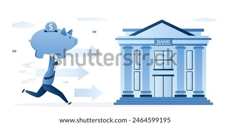 Man fast runs with piggy bank to financial building. Protection of savings in bank. High percentage of profit on bank deposit. Smart businessman, money management. Passive income. vector illustration