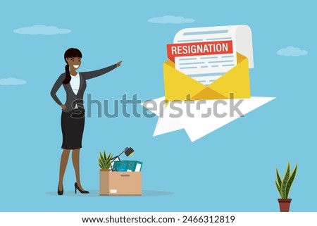 Female employee sending resignation letter to chief. Change of job, unemployment, resign concept. Paper plane with document about dismissal. Worker woman with office tools. flat vector illustration