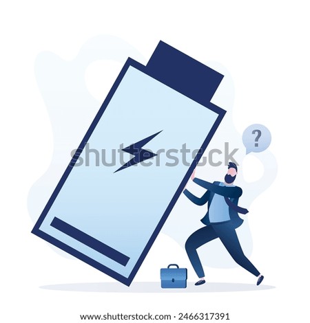 Tired businessman trying to maintain stability of empty battery. End of working day, unhappy male character, employee holds huge empty battery, low energy. Overworked man, fatigue, lack of strength.