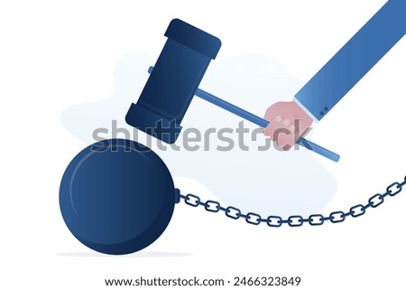 Businessman hand uses big hammer to break chain burden. Break free or breaking bad habits or routines for freedom, pay off debt, destroy shackle or fear burden, liberation. Flat vector illustration