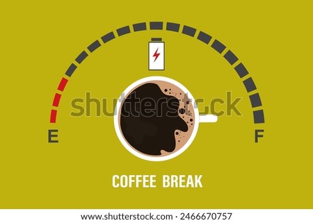 Measuring scale with cup of coffee. Battery charge, full energy indicator after coffee or tea break. Power on. Printable banner, web promotion poster, template. Top view. Flat Vector illustration