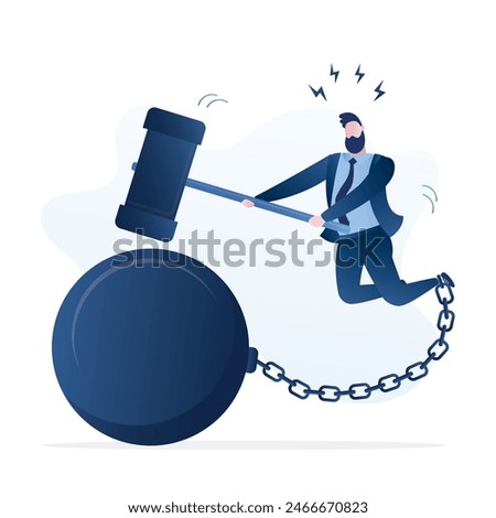 Confidence businessman use big hammer to break chain burden. Break free or breaking bad habits or routines for freedom, pay off debt, destroy shackle or fear burden, escape and liberation. Flat vector