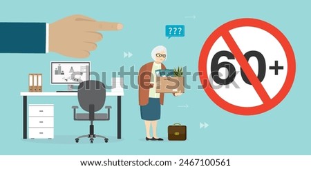 Staff reduction. Empty workplace, dismissed old woman with box. Sad fired elderly business person. Too old, 60 plus limitation. Ageism, age discrimination. Jobless character. Economic crisis. vector