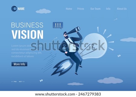 Businessman takes off quickly on light bulb. Business vision, landing page template. Search for new ideas for business development. Brainstorming, entrepreneur uses binoculars to search for investors.