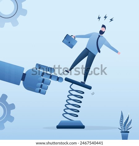 Volatility from external factors. Robot influences great uncertainty and pushes businessman off metal spring. Technologies are replacing humans in labor market. Giant bot hand swings spring. vector