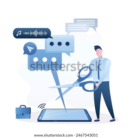 Young adult uses scissors to cut out various messages. Do not disturb. Block unwanted messages, filter messages, spam and chats from unknown senders. Delete all conversations. Flat vector illustration