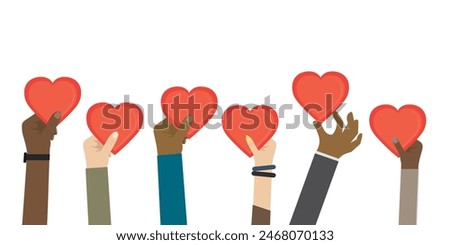 Charity concept, many various people holding hearts. Donation, social assistance, volunteering. Multiethnic hands holds big hearts. Pce for text, horizontal banner, template. Flat vector illustration