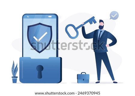 Smartphone is closed in large lock, protection shield on screen. User holds big key. Reliable protection of your mobile phone from viruses, scam and hacking. Cyber security. Digital security. vector