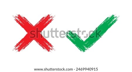 Two dirty grunge hand drawn with brush strokes cross x and check mark on. Check boxes for NO and YES buttons to vote in checkbox, list, online. design isolated on white background. vector illustration