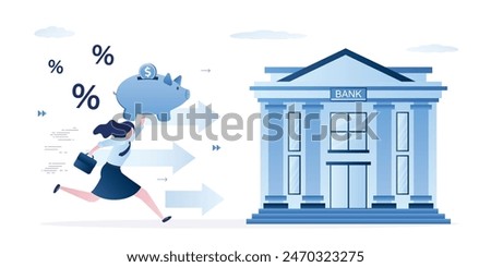 Woman run with piggy bank to financial building. Protection of savings in bank. High percentage of profit on bank deposit. Smart businesswoman, money management. Passive income. vector illustration