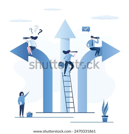 Business people with solving and decisions. Choice right way concept. Employees before choice. Smart workers and arrows point in different directions. Colleagues looking best career path. flat vector