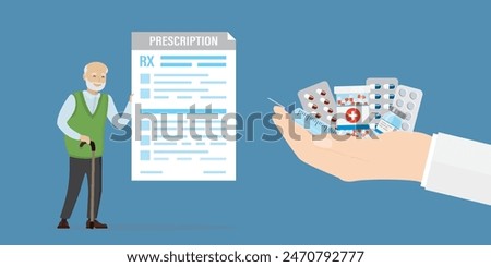 Pharmacist hand holds various pills. Medical staff gives kit of medicines. Old man holds prescription for buying medical drugs. Health care, retirement. Pharmacy, treatment. Flat vector illustration