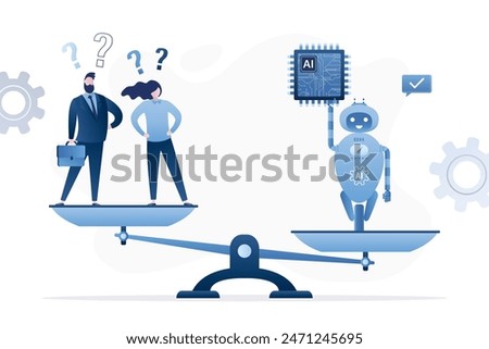 Advantage of artificial intelligence over human mind. Robot and humans on scales. Artificial and natural intellects are on scientific scale unbalancing. Automation AI replace business people. Vector