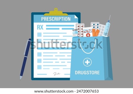 Pad with prescription blank and pen. Prescription form with doctor signature. Shopping bag with medicines and pills. Health care, drugstore, medicine and pharmaceuticals. Flat vector illustration