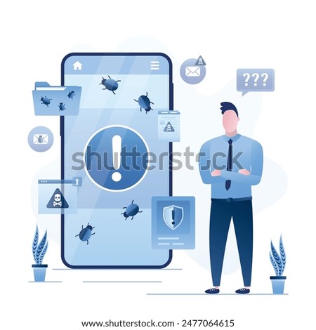 Unhappy user man. Hacker attack smartphone, scam, spam. Report about bugs. Customer complaints about errors. Cybercrime, malware. Problems of bugs or viruses in mobile operating system or software.