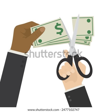 Employee hand holds banknotes, boss uses scissors and cuts off some money. Reduction of wages, increase taxes. Inflation reduces profits and deductions. Economic crisis, business problems, recession.