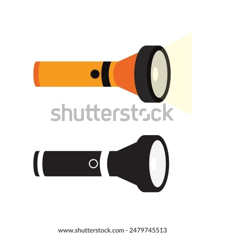 Hiking electric flashlight and black silhouette or icon. Handle flashlight, design for web isolated on white background. Flat vector illustration