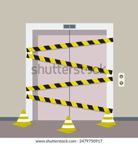 Elevator not working. Lift is peeled off with warning tapes, and there are prohibition cones. Mechanism is broken, under repair. Operation prohibited. Indoor interior design. Flat vector illustration