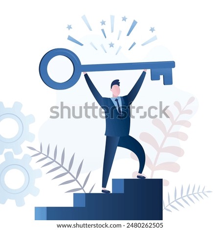 Confident entrepreneur risen to top and holding big key to secret of success. Ambitious businessman or employee opened the way to victory and climbed to top of career ladder. Business solution. vector